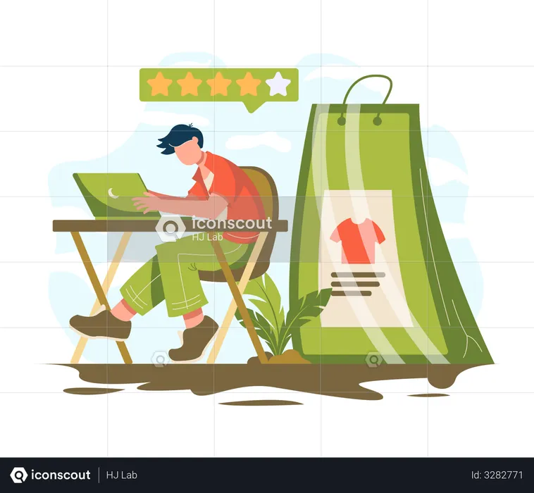 Man sitting in front of laptop and reviewing shopping items  Illustration