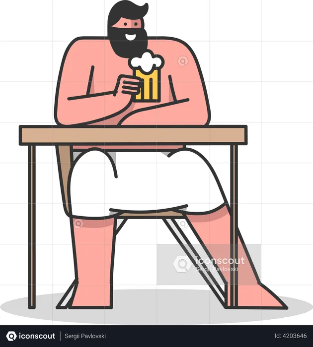 Man Sitting In Sauna And Drinking Beer  Illustration