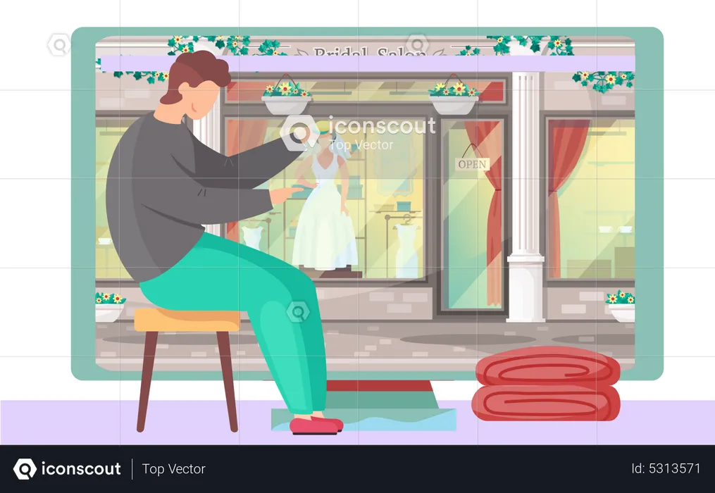 Man sitting near monitor salon with mannequin in dress  Illustration