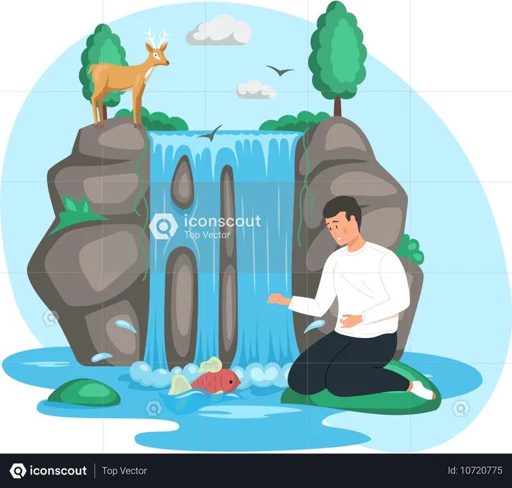 Man sitting near waterfall enjoys wonderful natural place  Illustration