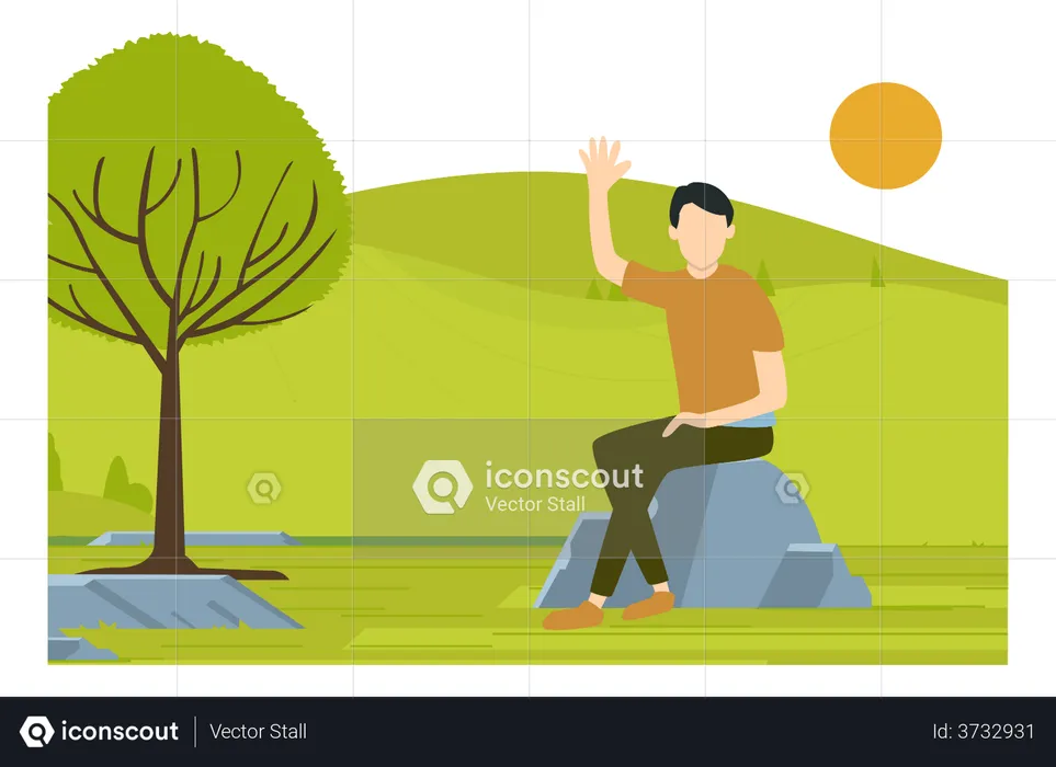 Man Sitting On A Rock By The Lake  Illustration