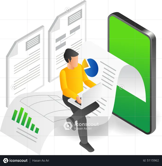 Man sitting on a smartphone application data analysis paper  Illustration