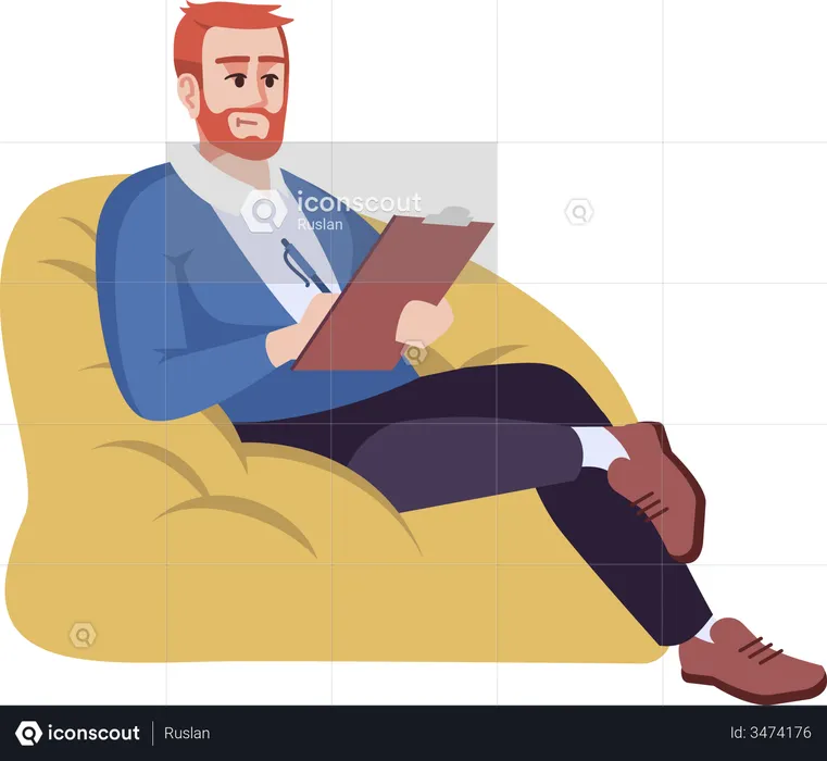 Man sitting on bean bag and writing  Illustration