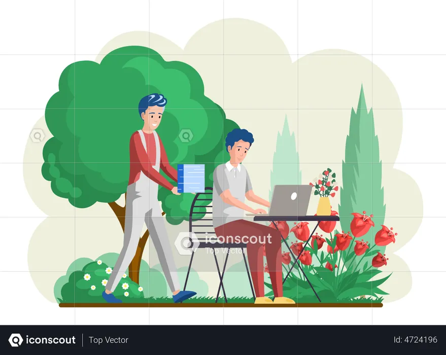 Man sitting on bench in city park and working with laptop  Illustration