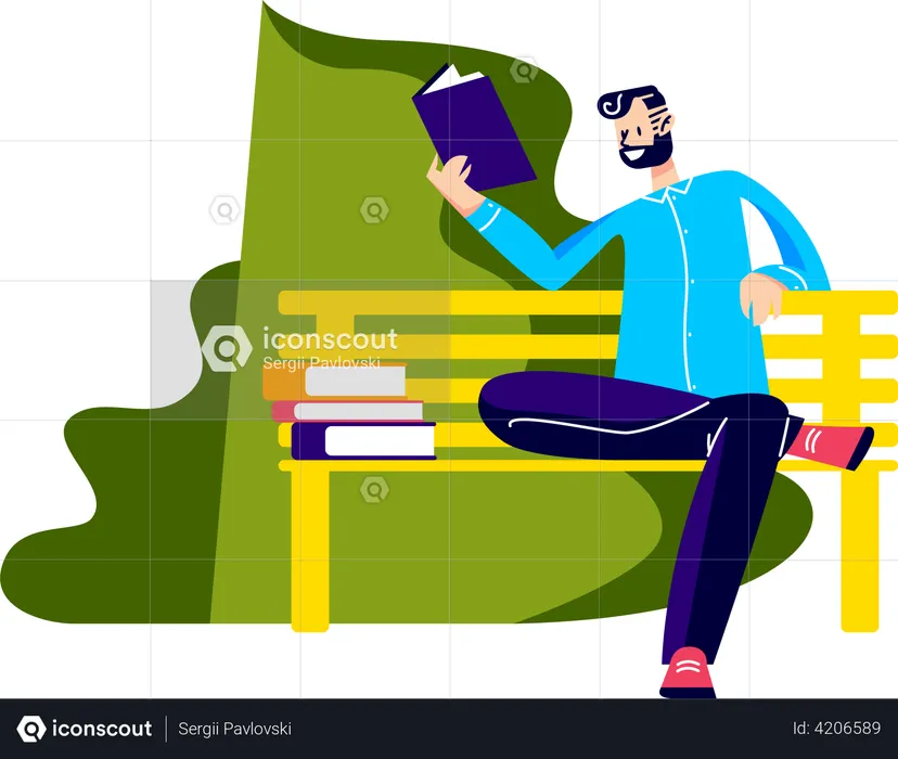 Man sitting on bench in park and reading books  Illustration