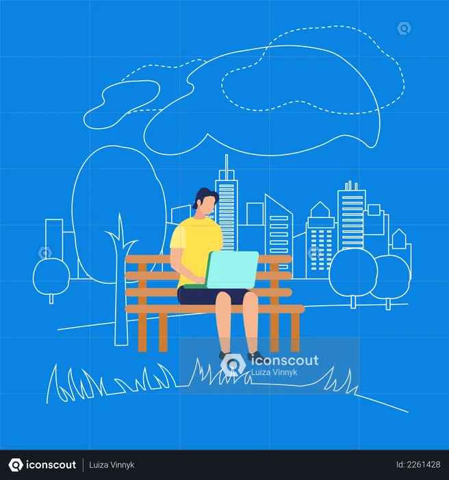 Man Sitting on Bench in Park with Laptop  Illustration