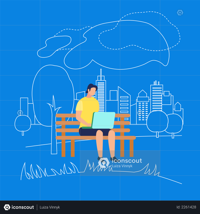 Man Sitting on Bench in Park with Laptop Illustration