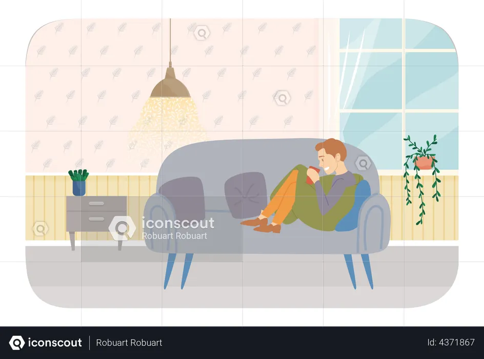 Man sitting on couch and drinking coffee or tea  Illustration