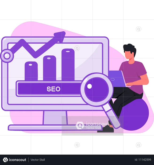 Man sitting on couch and works on SEO graph  Illustration