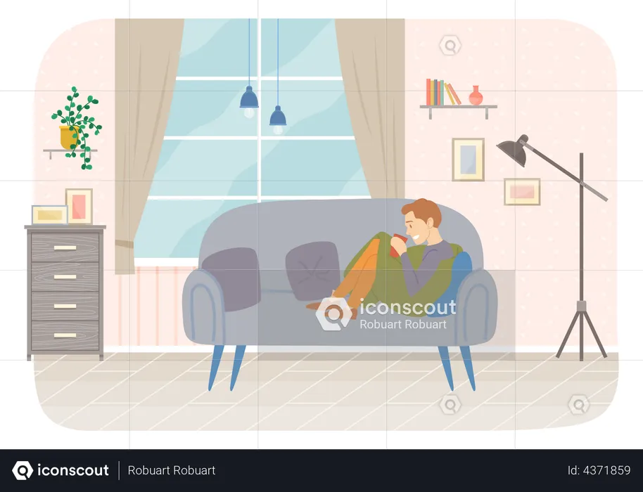 Man sitting on couch drinking coffee or tea in apartment  Illustration