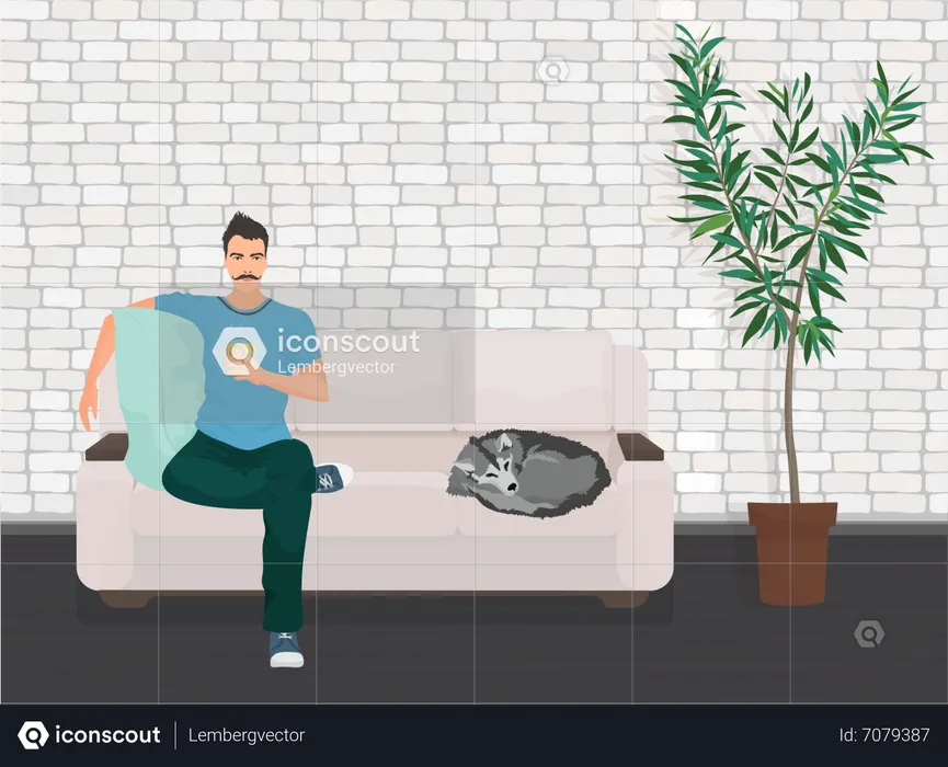 Man sitting on couch drinking hot beverage  Illustration