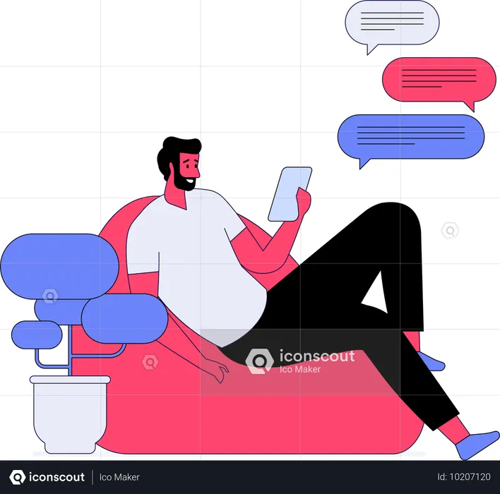 Man sitting on couch while watching chat on tablet  Illustration