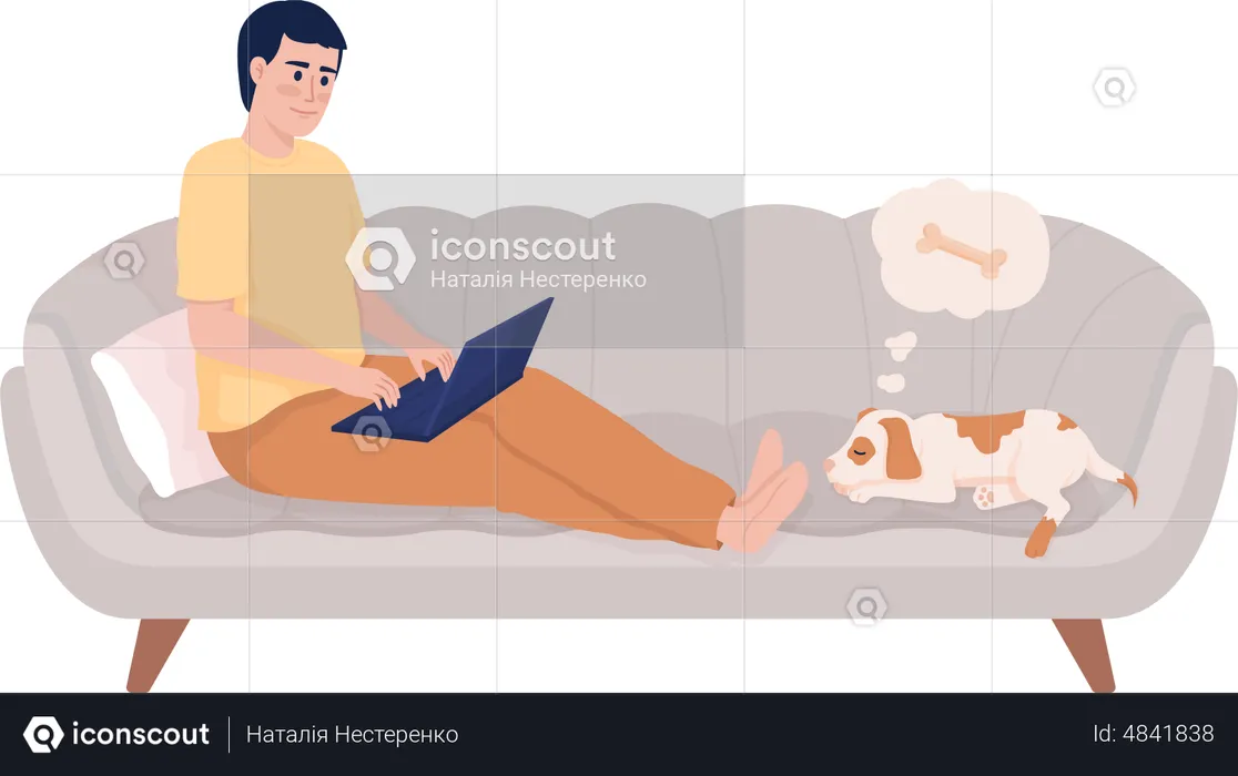 Man sitting on couch with laptop  Illustration