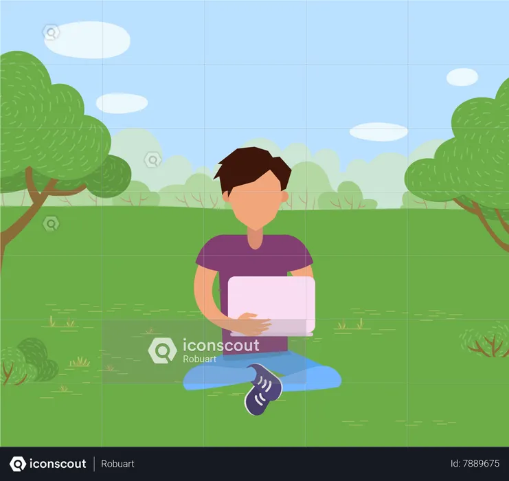 Man Sitting on Grass in Park with Laptop  Illustration