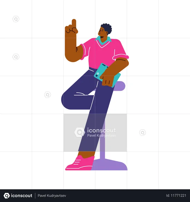 ハイチェアに座って何かを説明しながらプレゼンのポーズをとる男性  イラスト