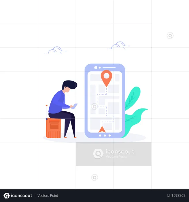 Man sitting on luggage bag and finding Location in map  Illustration