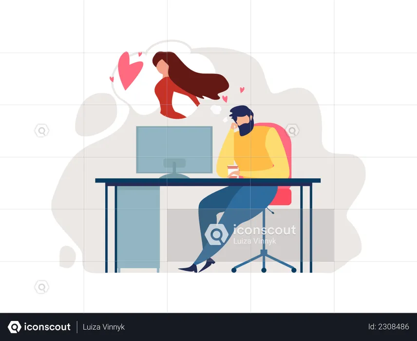 Man Sitting on Office desk with Romantic thinking  Illustration