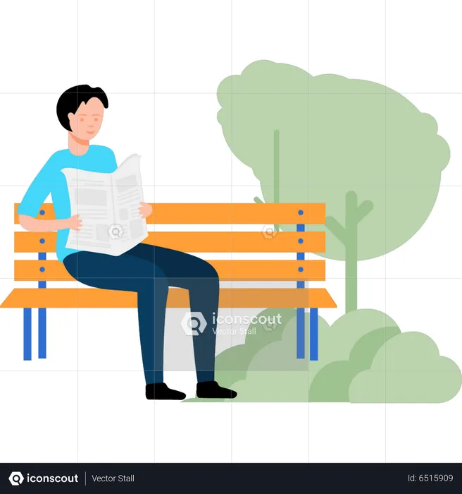 Man sitting on park bench and reading newspaper  Illustration