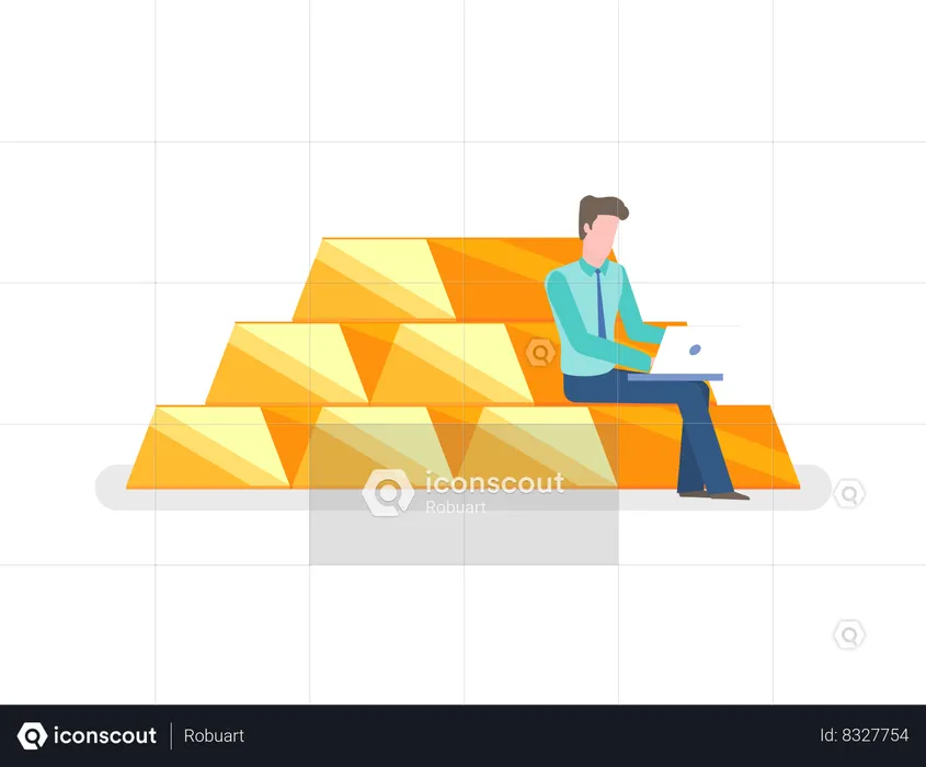 Man Sitting on Pile of Gold and Typing on Notebook  Illustration