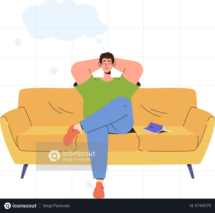 Man sitting on sofa and dreaming about happy future life  Illustration