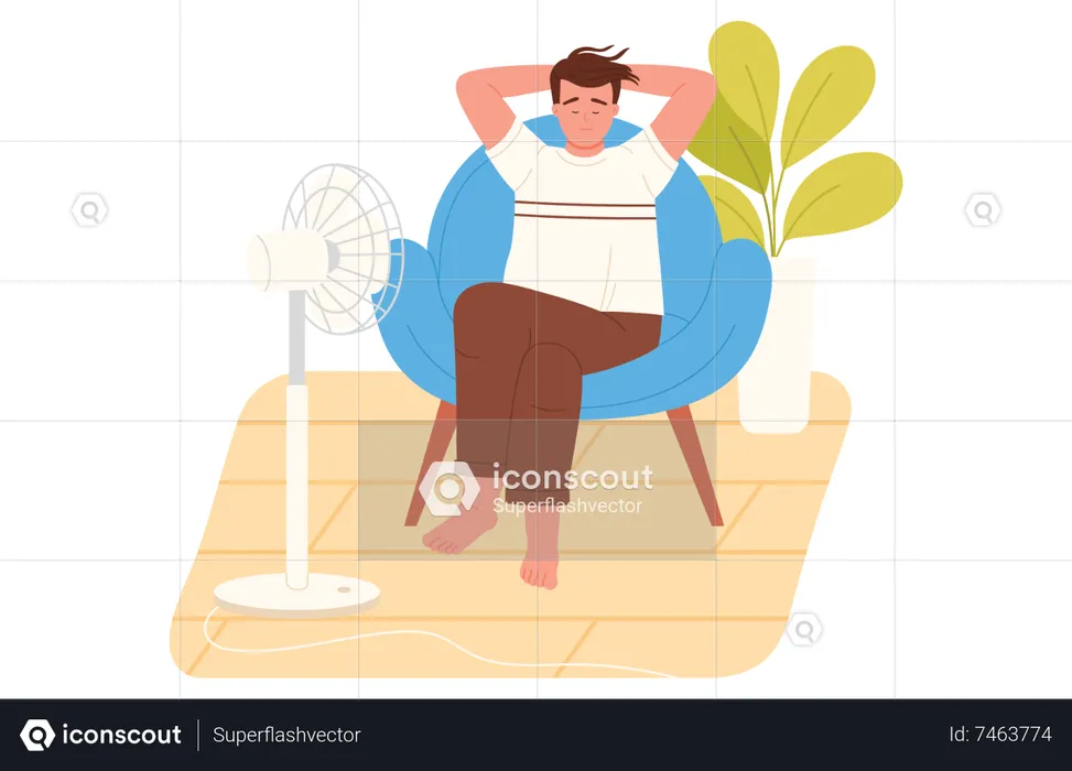 Man sitting on sofa front of fan  Illustration