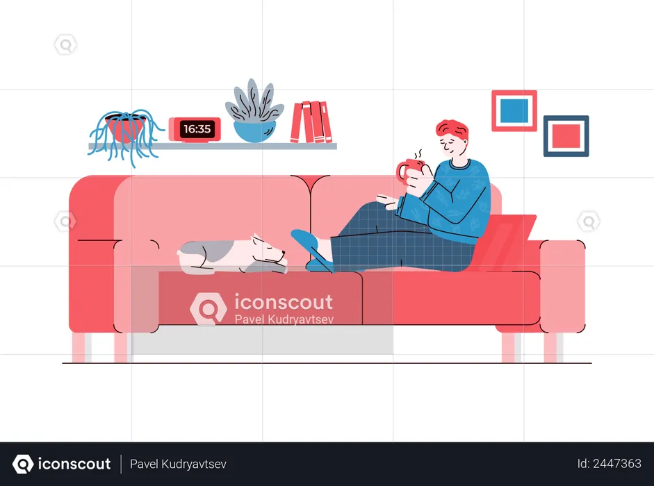 Man sitting on sofa with cup of tea and sleeping dog  Illustration