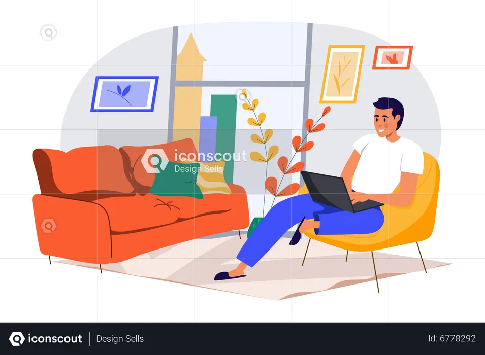 Man sitting on sofa with laptop  Illustration