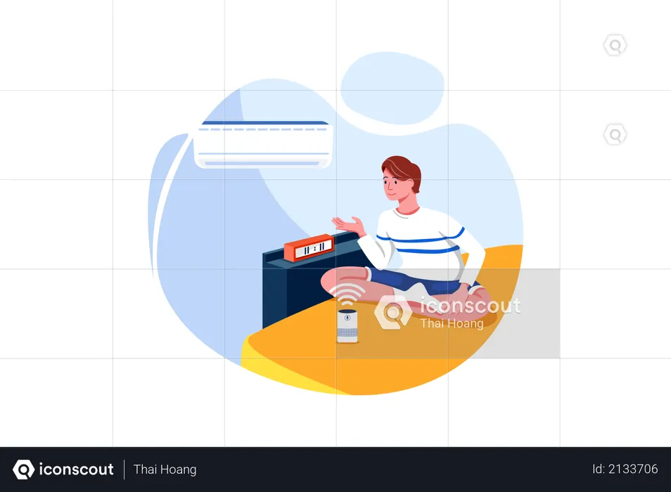 Man sitting on the bed using the Air conditioner and clock-controlled by speaker voice recognition in smart home concept  Illustration