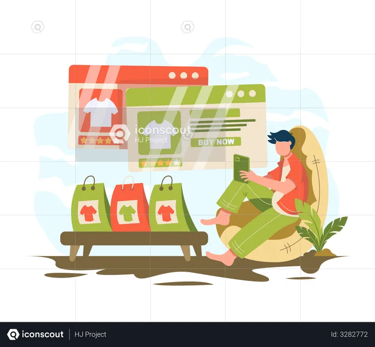 Man sitting relaxed and shopping online using mobile phone  Illustration