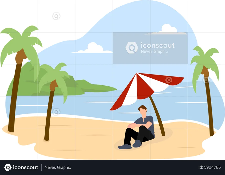 Man sitting under beach umbrella  Illustration