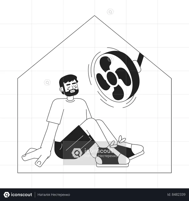 Man sitting under ceiling fan at home  Illustration