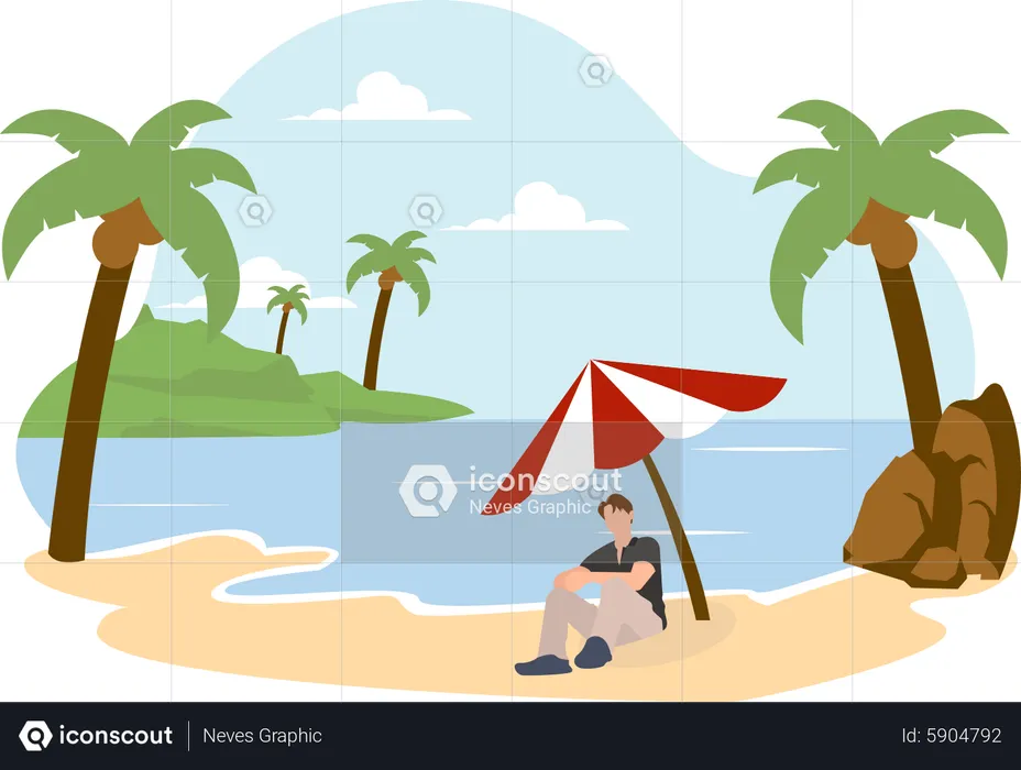 Man sitting under umbrella at beach  Illustration