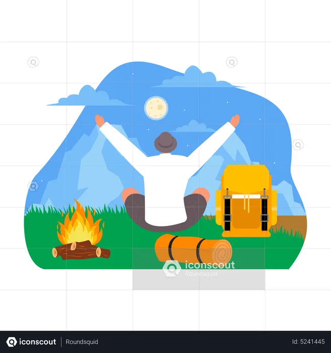 Man sitting with backpack near campfire  Illustration