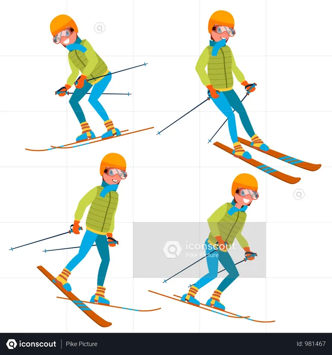 다른 자세로 스키를 타는 남자  일러스트레이션