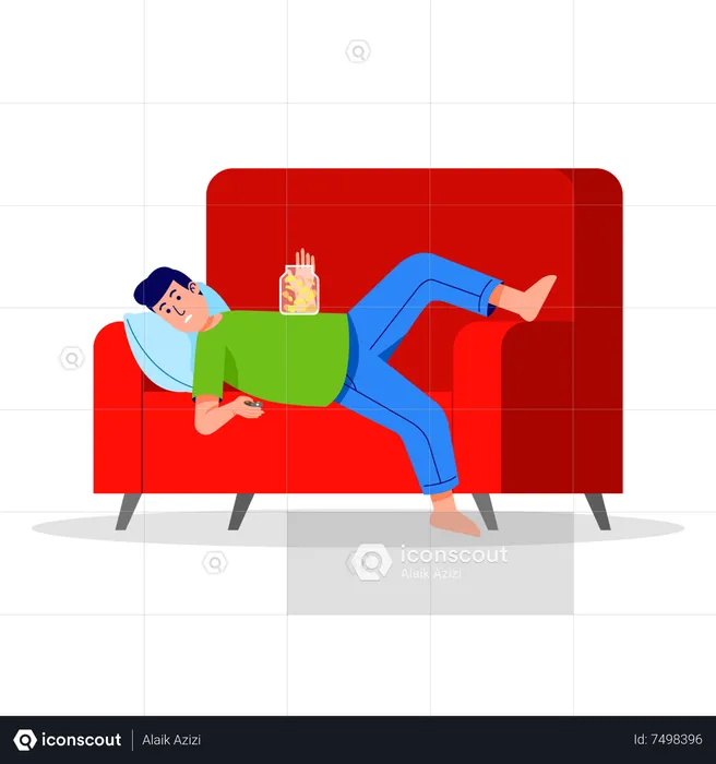 Man sleeing on couch while having snack  Illustration