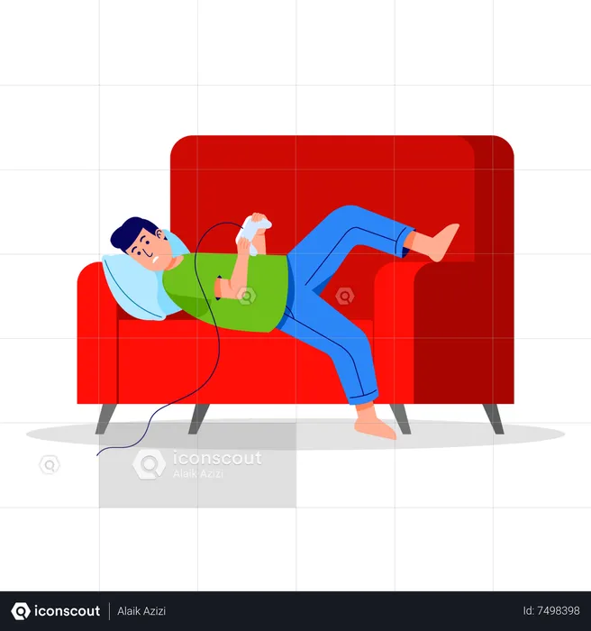Man sleeing on couch while playing video game  Illustration
