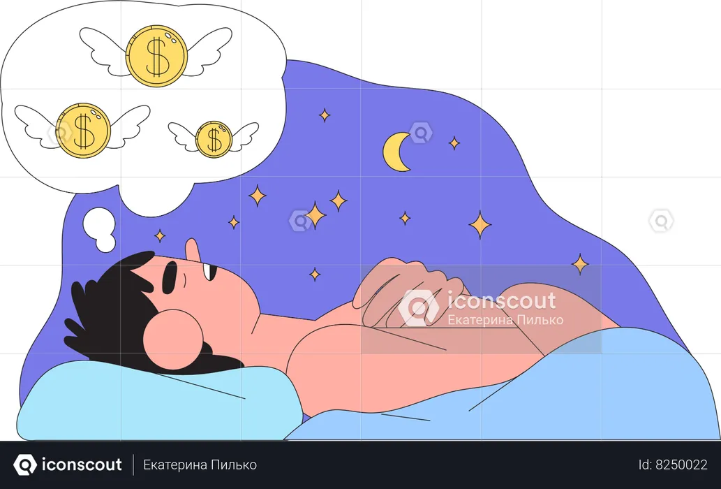 Man sleep and see dreams about him being rich and wealthy  Illustration