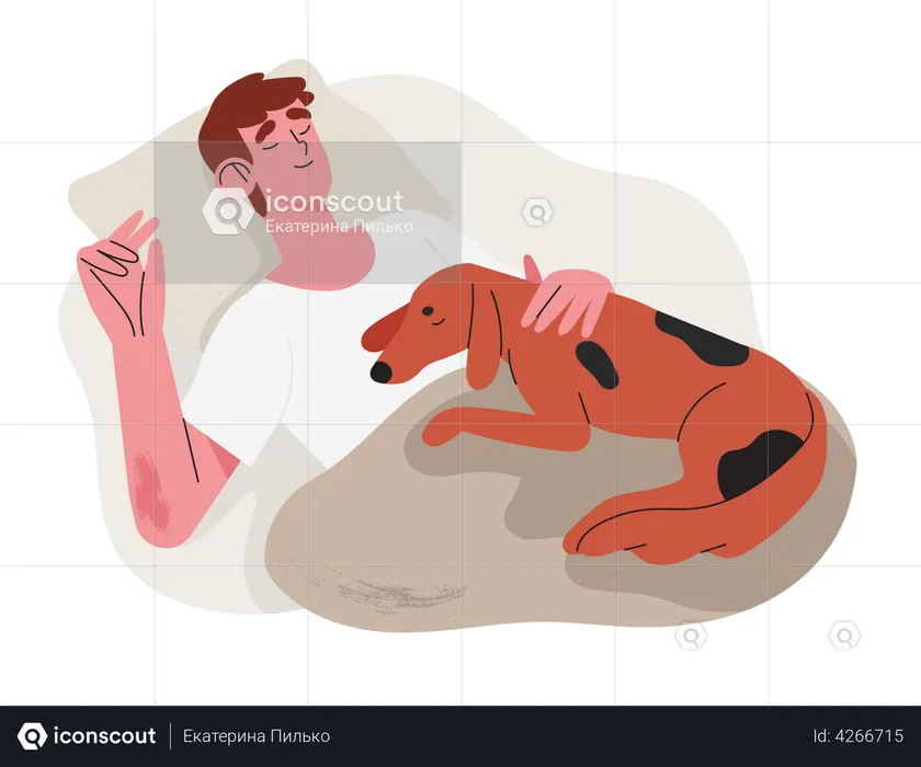 Man sleep in his bed with dog  Illustration