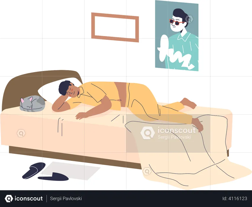 Man sleeping in bed all day during lazy weekend  Illustration