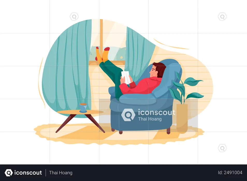 Man sleeping in chair and reading book  Illustration