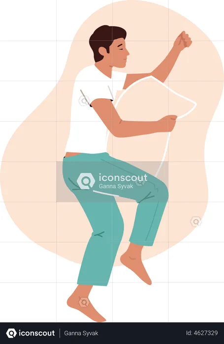 Man sleeping with pillow between Legs  Illustration