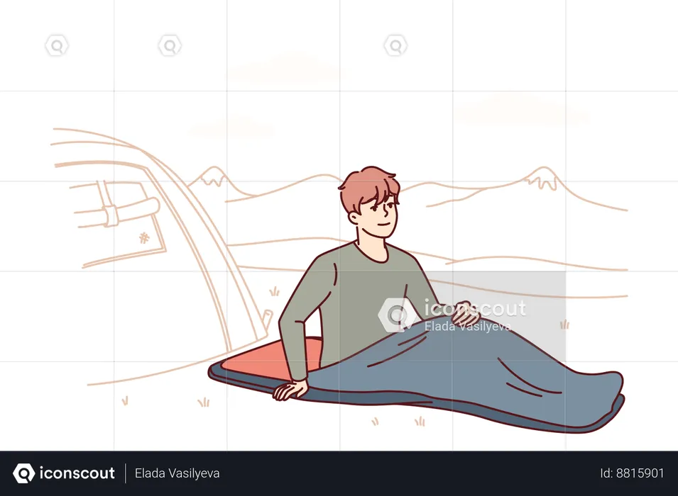 Man sleeps in tent on forest camping  Illustration