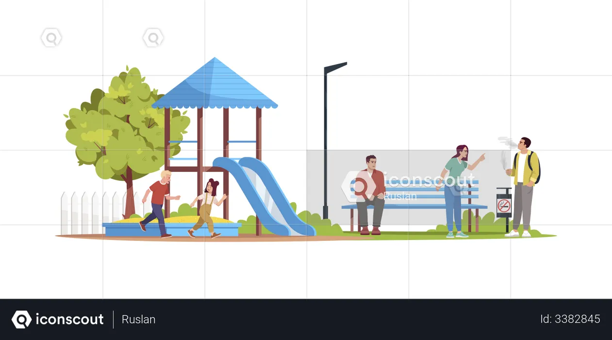 Man smoking at children playground  Illustration