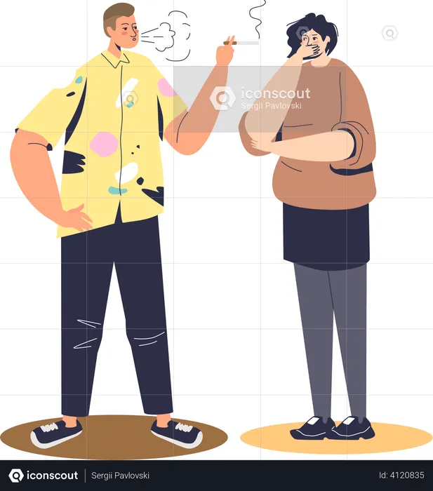 Man smoking cigarette while woman covering her face  Illustration
