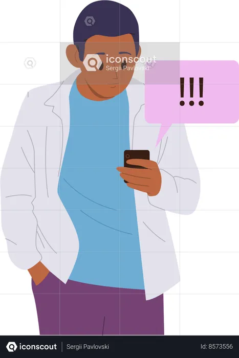Man social media user looking at smartphone seeing exclamation marks message  Illustration
