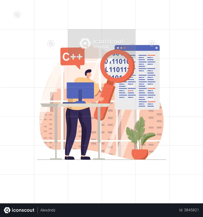 Man Software Engineer Checking Coding on Computer  Illustration