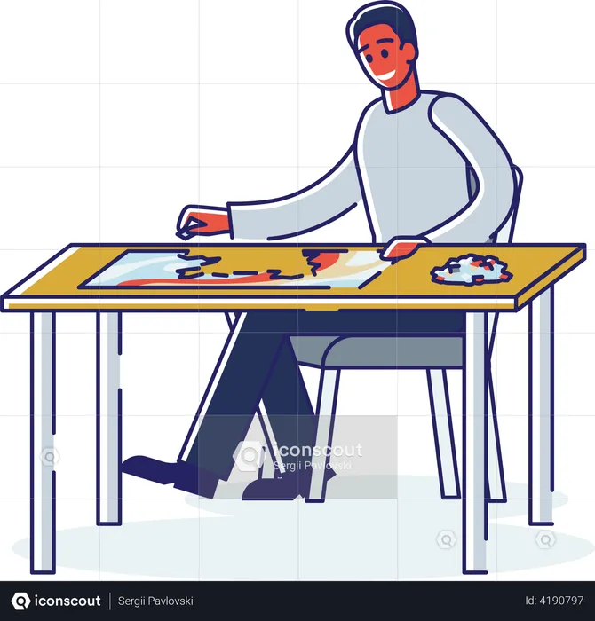 Man solving puzzle sitting at table  Illustration