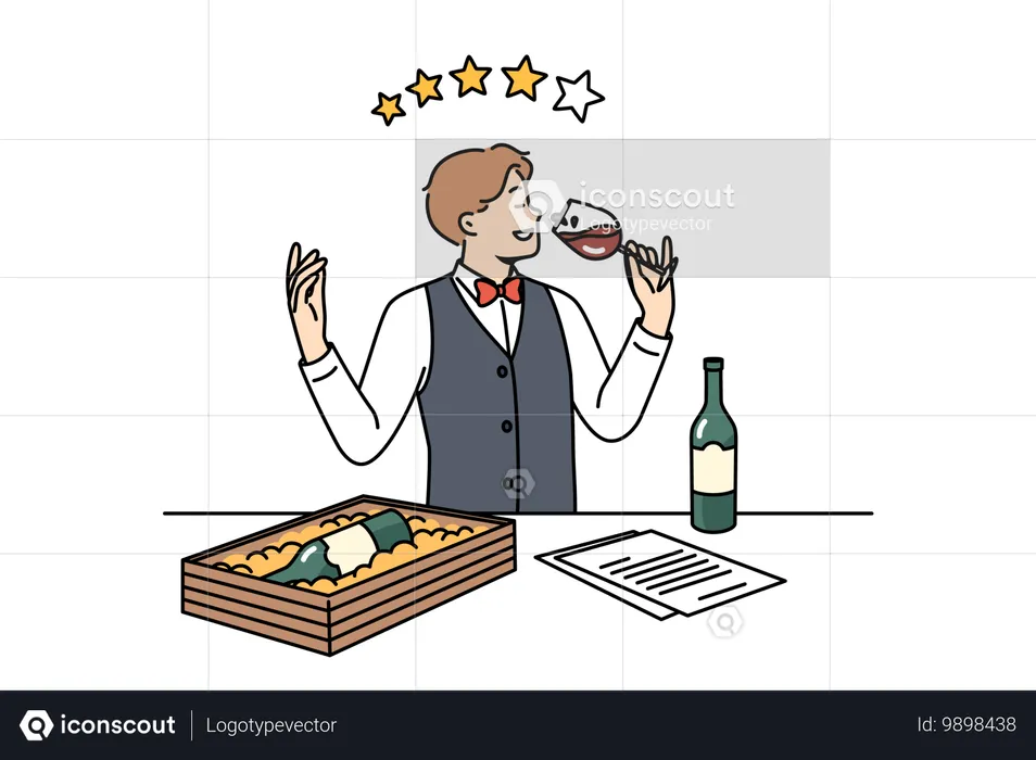 남자 소믈리에가 잔에 담긴 와인을 마시고 알코올 음료에 대해 별 4개 등급을 부여합니다.  일러스트레이션