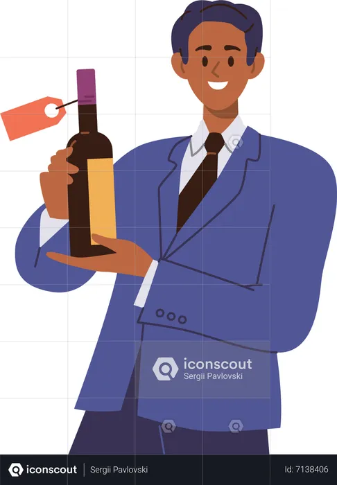 Man sommelier holding wine bottle  Illustration