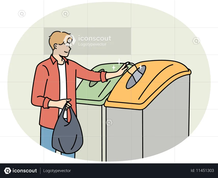 Man sorting garbage in bins  Illustration